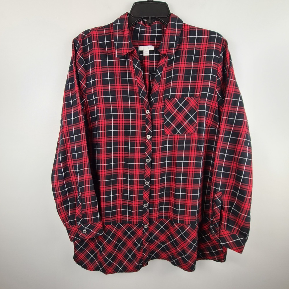 J. Jill Red Black Plaid Cotton Button Down Tunic Shirt Womens Large Petite L P